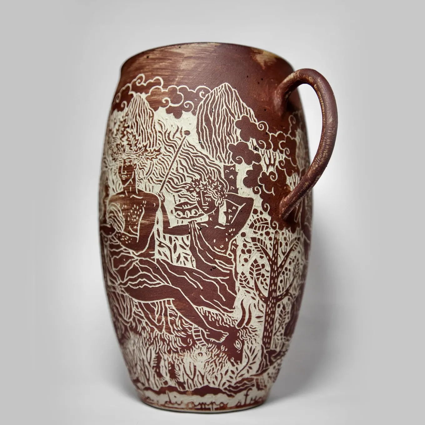 Vaso in gres rosso con manici Morte di Orfeo