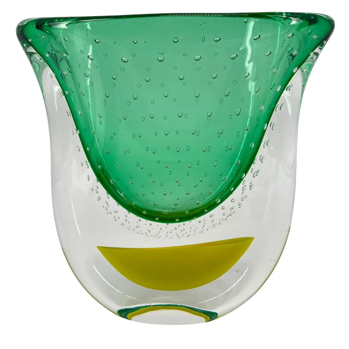 Vaso scultoreo in vetro di Murano verde e giallo Gran Sommerso