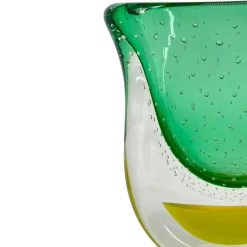Vaso scultoreo in vetro di Murano verde e giallo Gran Sommerso