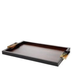 Vassoio Gioele in ebano e pelle nera con manici in corno